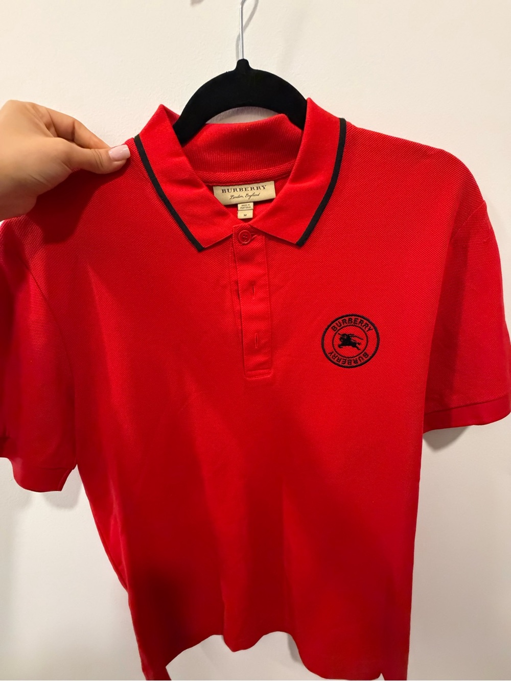 Burberry Red Polo with Black Trim and Chest Emblem